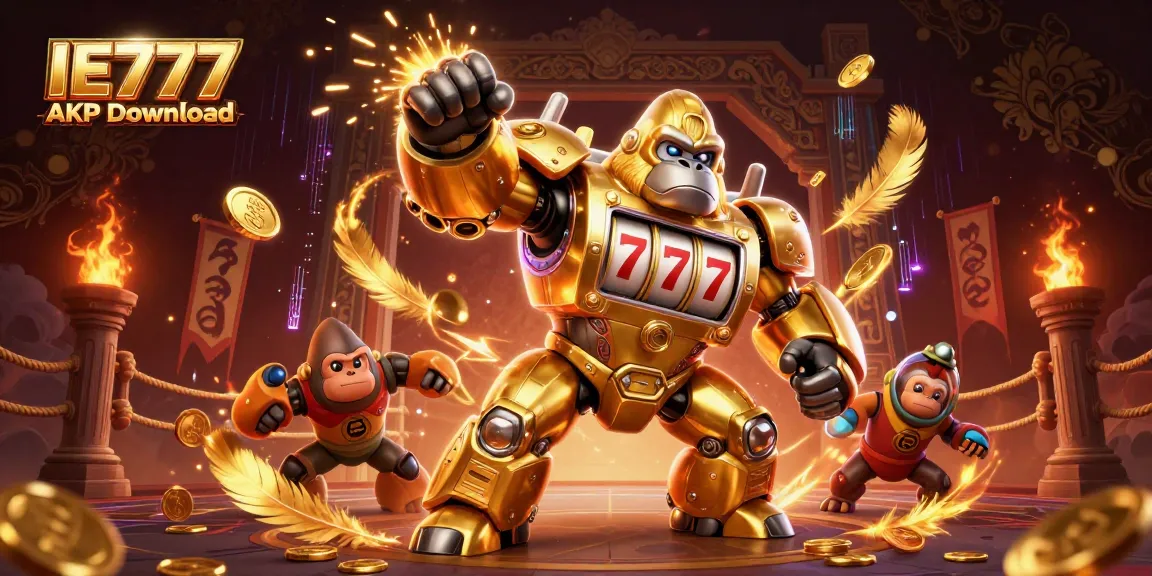 Experience the thrill of gaming with IE777 APK Download featuring a dynamic gorilla mech and slot machine elements.