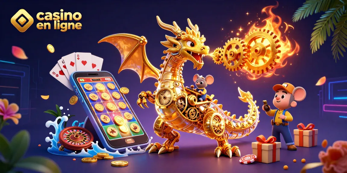 Illustration animée d'un dragon en or mécanique, représentant un casino en ligne, avec des éléments de jeux dispersés