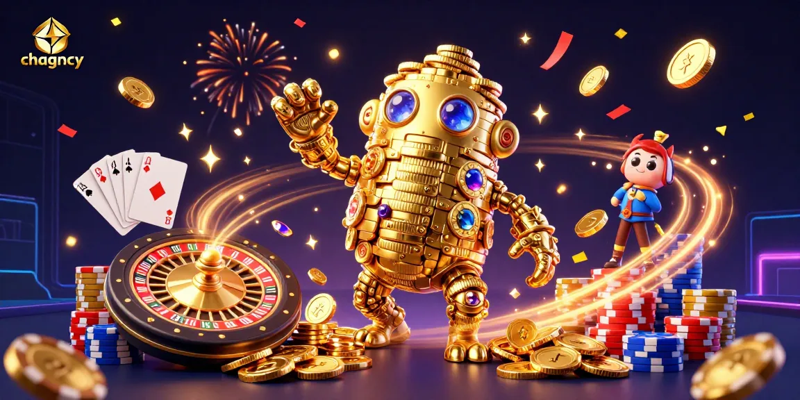 Experience thrilling gameplay with chagency's dynamic casino scene filled with golden golems, spinning roulette, and vibrant poker chips.