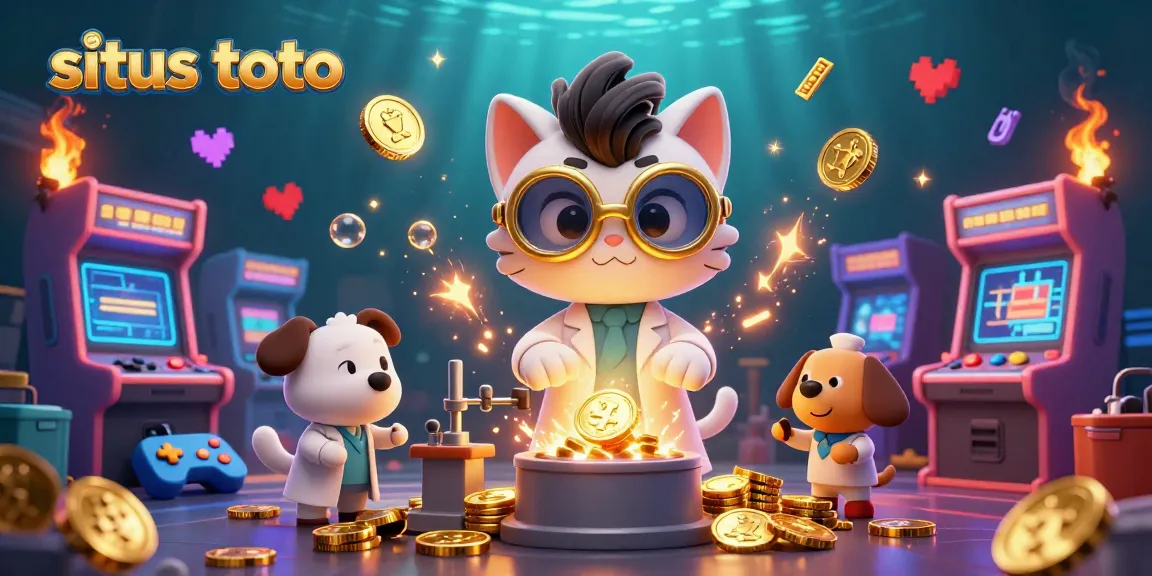 Experience the exciting world of situs toto with this vibrant 3D casino illustration featuring a mad scientist cat and golden elements.
