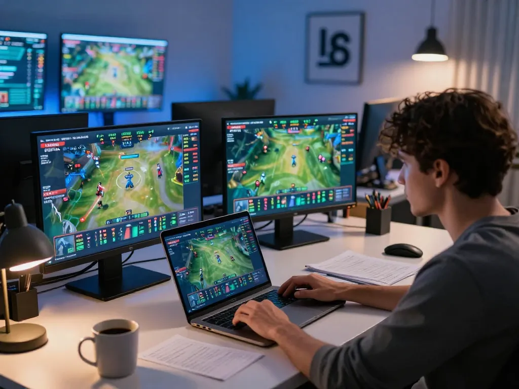Engaging online sports betting scene featuring vaobet on multiple screens, with a player analyzing odds and strategies in a modern home office.