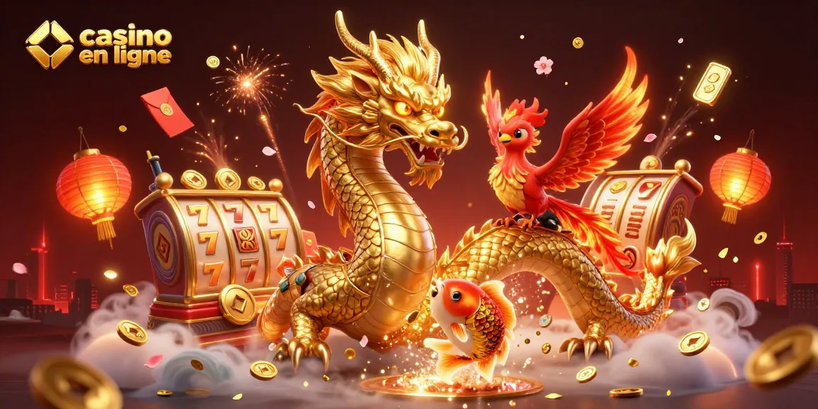 Profitez d'une expérience captivante de casino en ligne avec un dragon doré et des symboles de chance.