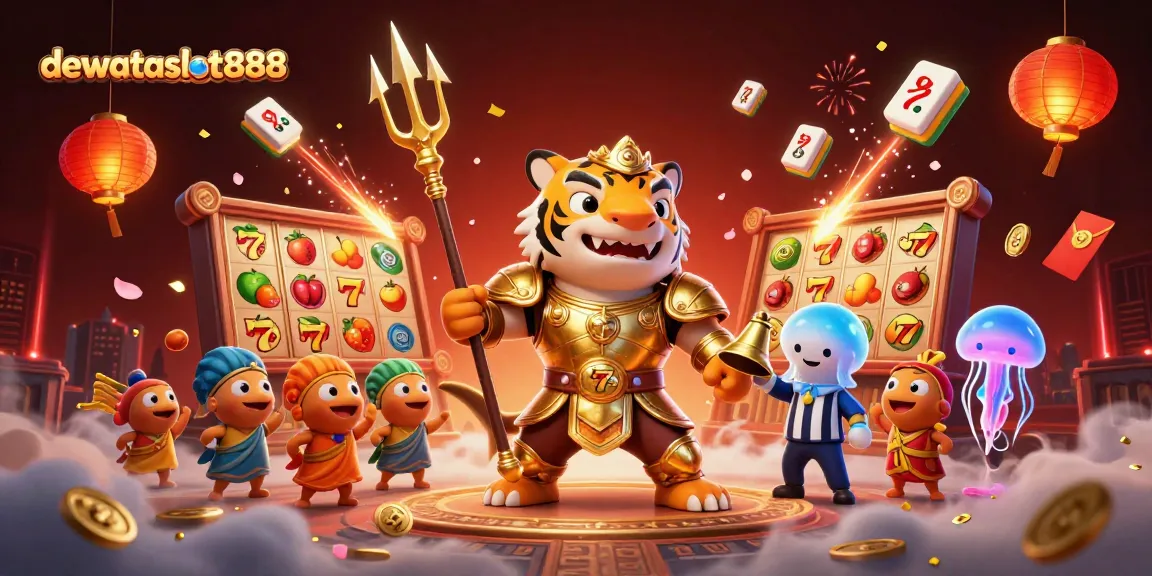 Mainkan Dewataslot888 dengan gulungan slot 3D yang menampilkan simbol keberuntungan dan jackpot diumumkan.