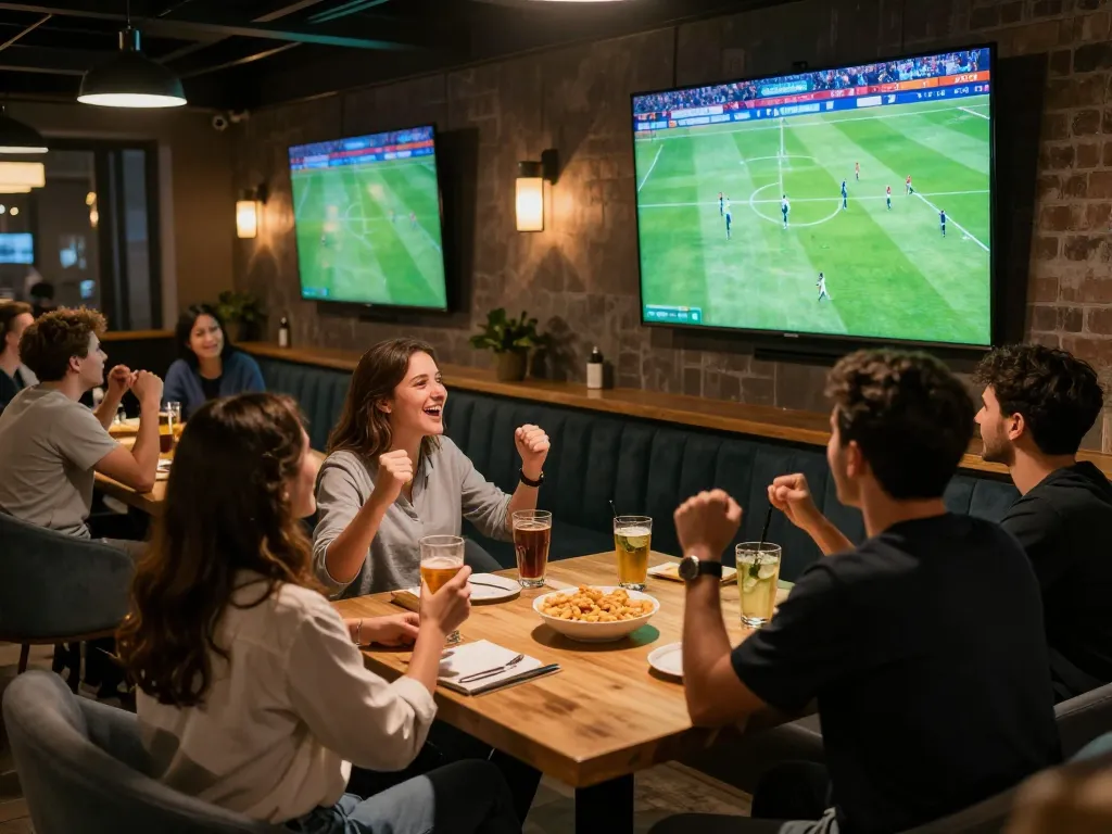 Cakhiatv viewers celebrating a goal during a live football match in a vibrant sports bar atmosphere