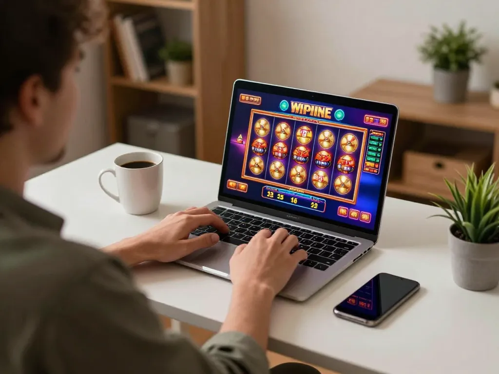 Player enjoying gaming at sites not on gamstop via laptop in a cozy home setup