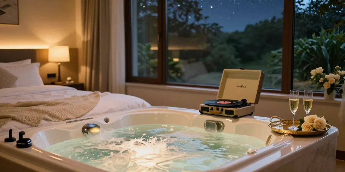 A luxurious chambre avec jacuzzi privatif toulouse showcasing a cozy love room with a king-size bed, private jacuzzi, and romantic decor.