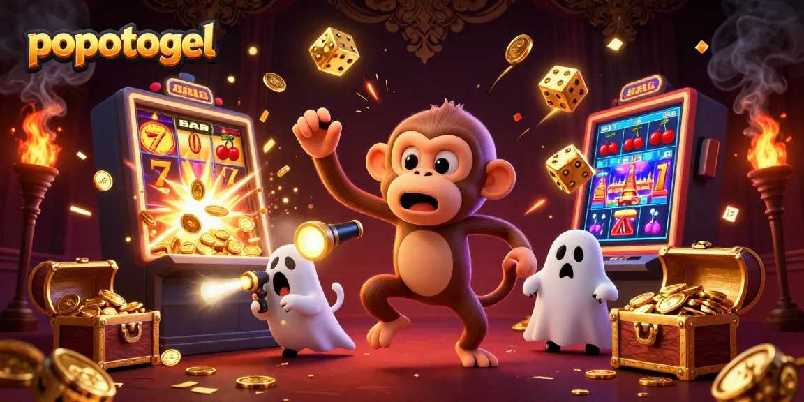 Experience the thrill of popotogel with a thrilling illustration featuring a poltergeist monkey and ghost-hunter in action.