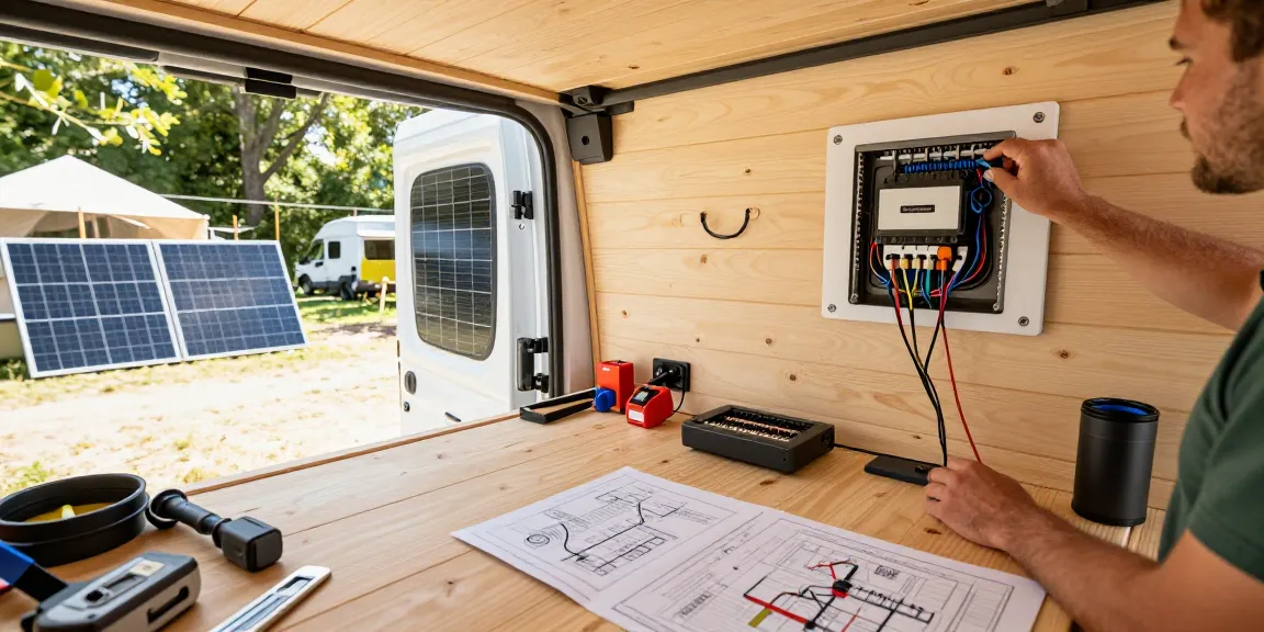 Person upgrading van electrics with ROKOK88 tools in a scenic campsite.
