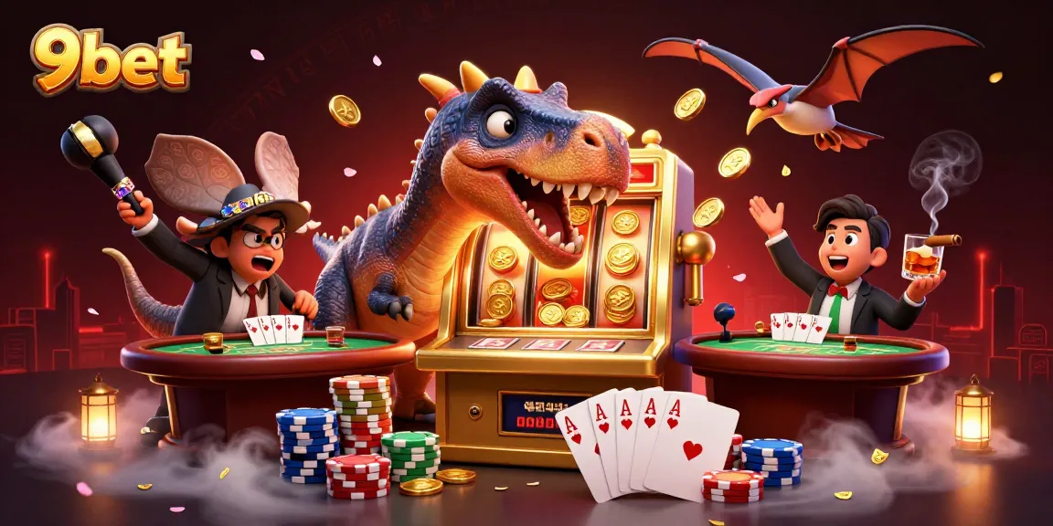 9bet casino scene featuring a dinosaur winning coins from a slot machine amidst colorful poker elements.
