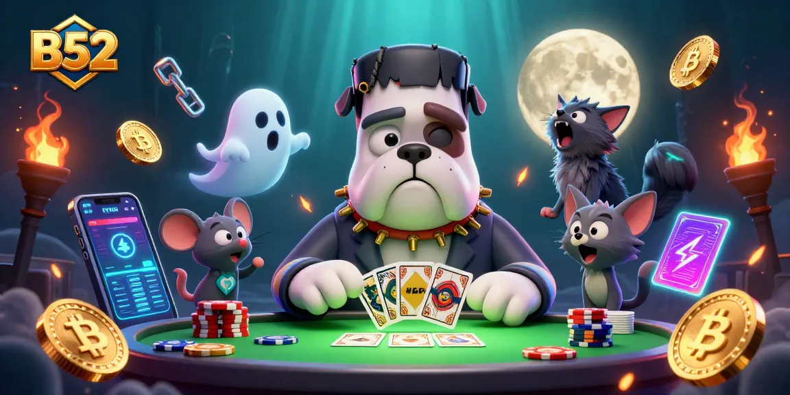 B52 players experiencing a thrilling casino scene with cartoon characters and crypto elements