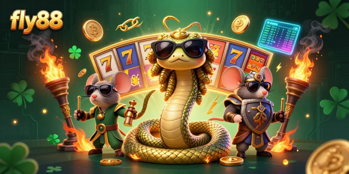 Experience the excitement of fly88 with a dynamic 3D illustration showcasing a friendly Medusa and gaming themes.