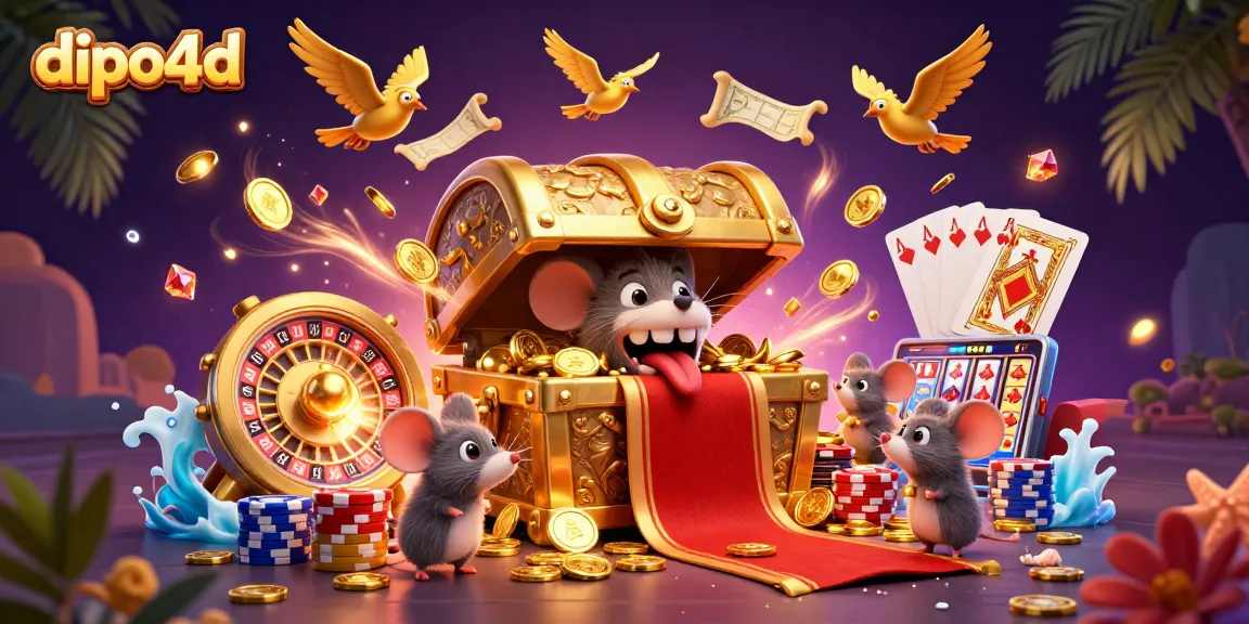 Experience dipo4d through an exciting 3D illustration of treasure and gaming elements in a vibrant casino atmosphere.