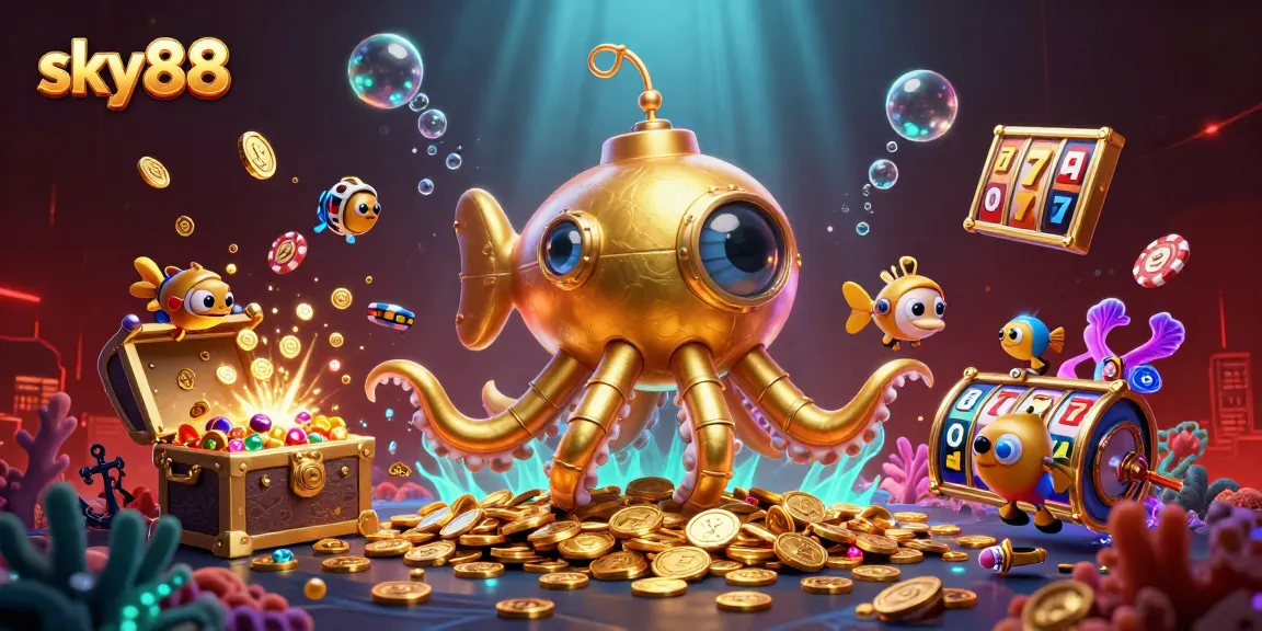 Play sky88 with a cartoon golden kraken and vibrant casino elements in a rich underwater scene.