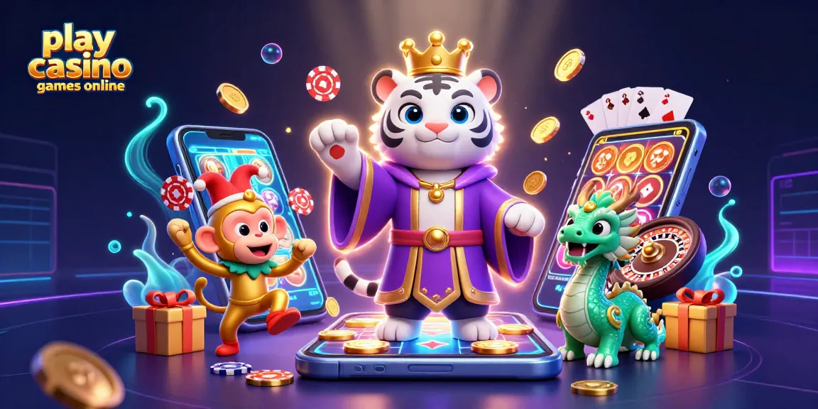 Play casino games online with vibrant characters in a colorful, action-filled casino scene.