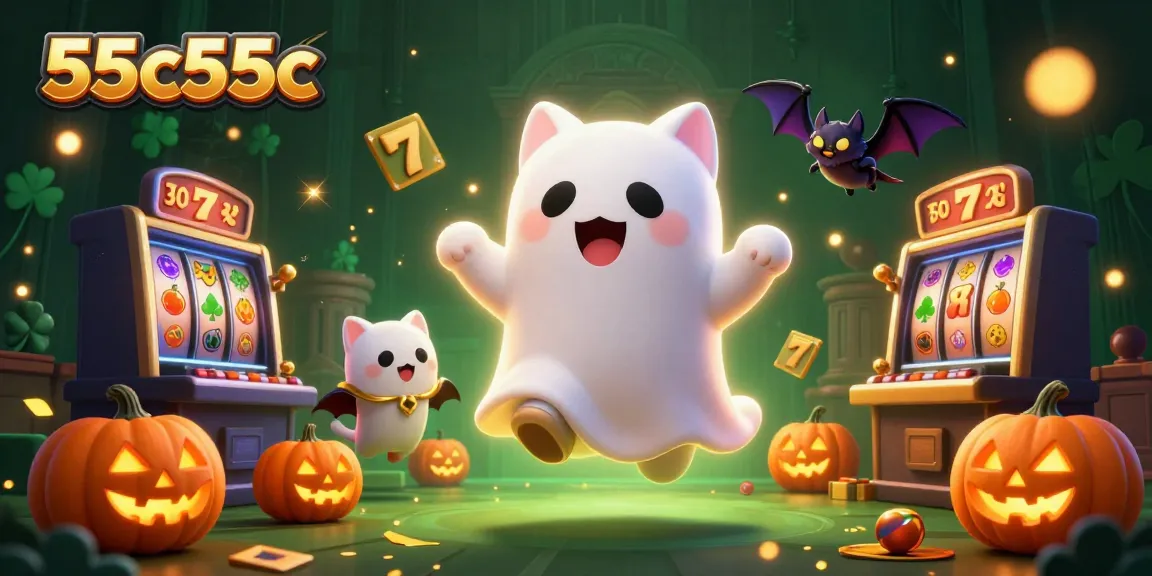 Experience winning thrills with 55c55c's vibrant haunted casino scene featuring ghost cat and vampire bat.