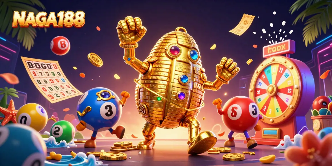 NAGA188 menghadirkan suasana kasino yang kaya dengan simbol slot dan bola lotere berwarna-warni.