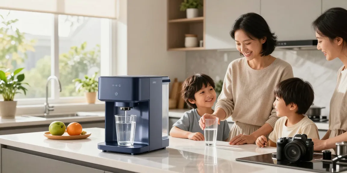 Family enjoying purified water from an advanced water filtration system in a modern kitchen.