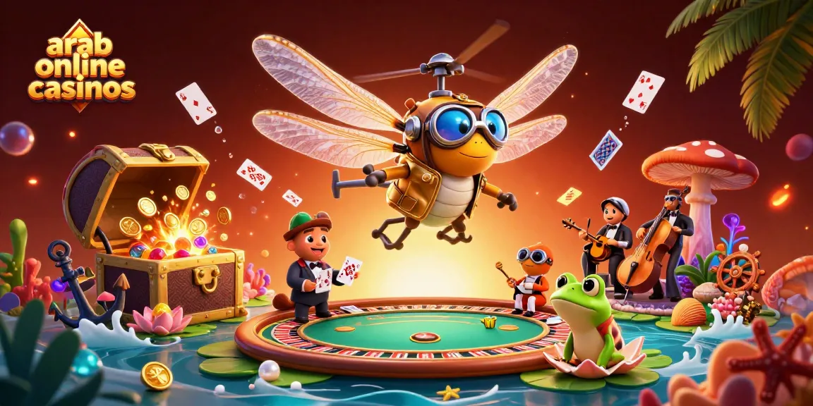 Engage in thrilling action at arab online casinos with a dynamic scene of characters and casino elements.