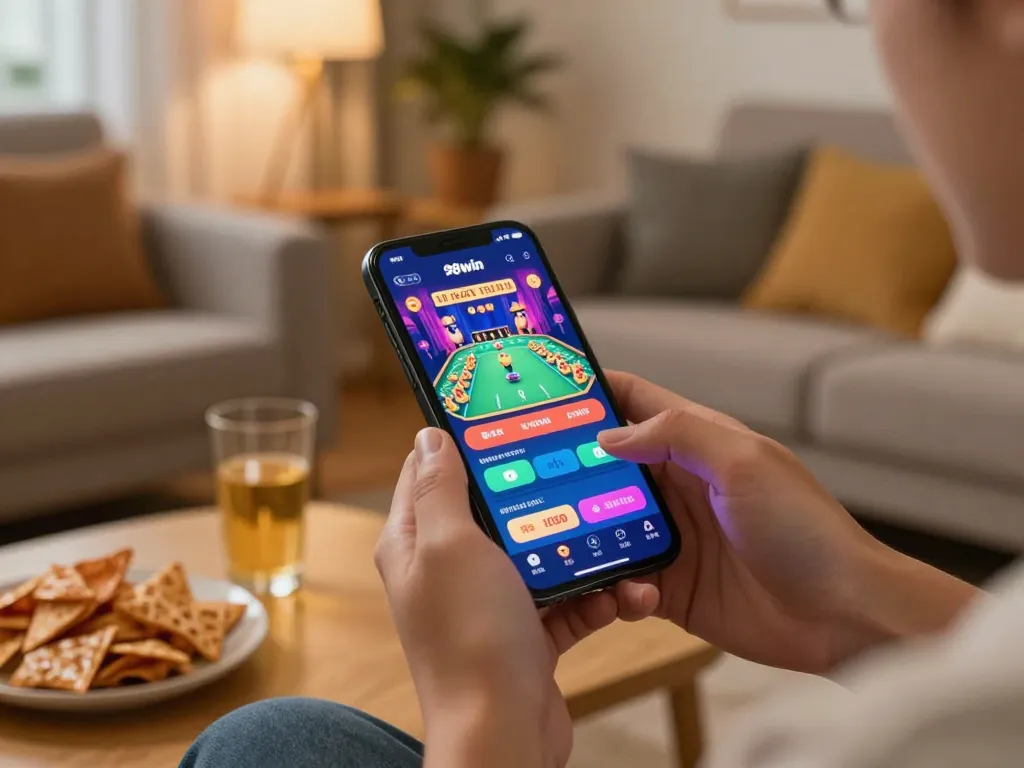 Engaging with the app 98win in a cozy living room while enjoying casino games and snacks.