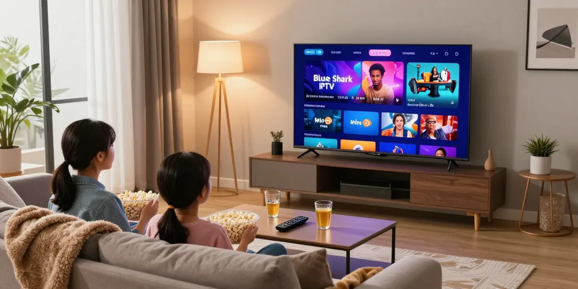 Family enjoying movie night with Blue Shark IPTV on a large screen in a cozy living room.