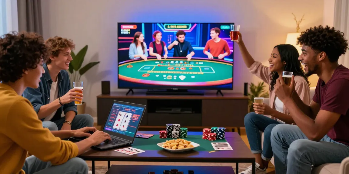 Scène de jeu au casino en ligne France légal avec amis profitant d'une soirée animée autour d'un ordinateur portable.