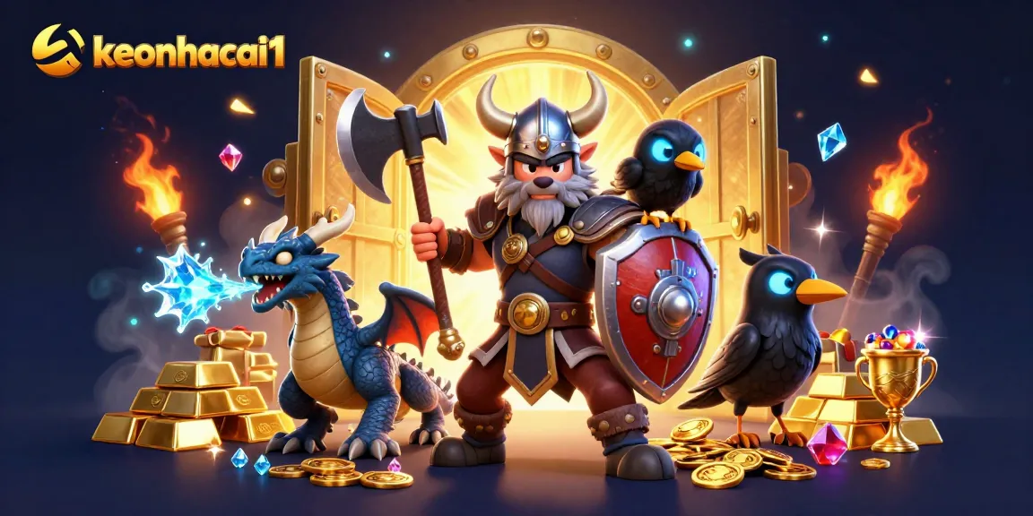 Engage in thrilling betting action with keonhacai1 featuring Viking warrior and dragon treasure scene
