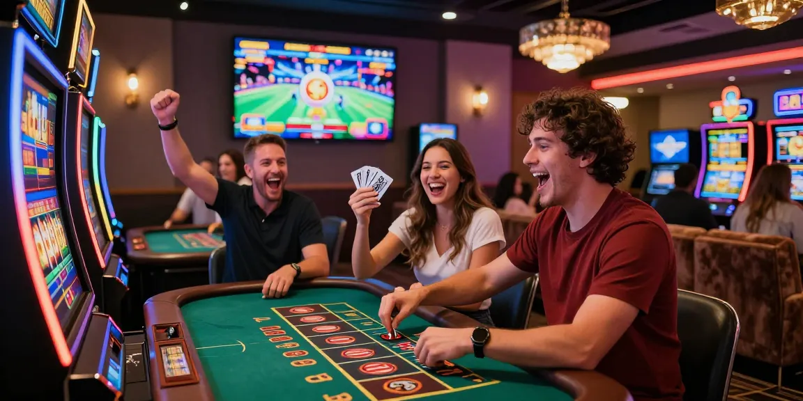 Scène de casino en ligne animée avec des joueurs profitant de jeux variés, illustrant l'excitation du casino en ligne.