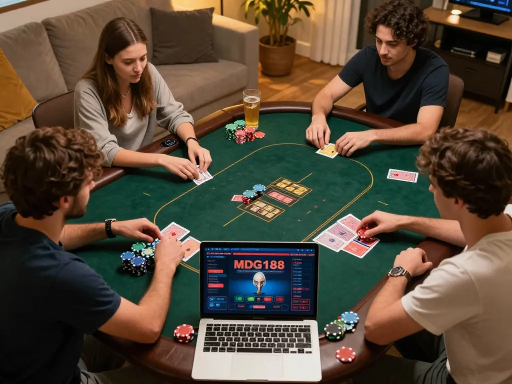 Players enjoying poker on MDG188 platform during a home game night.