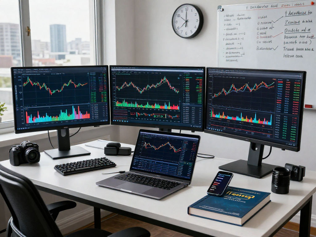 Professional trader analyzing real-time TradingView charts on multiple monitors, capturing a focused trading workspace atmosphere.