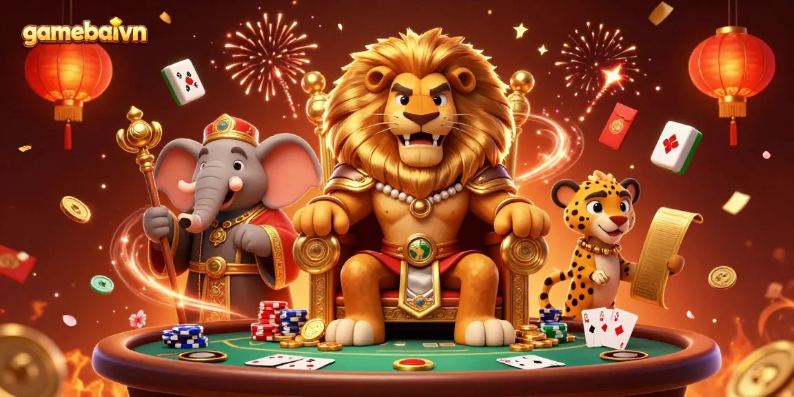 Engage in thrilling poker action with gamebaivn, featuring a royal lion king and vibrant casino elements.