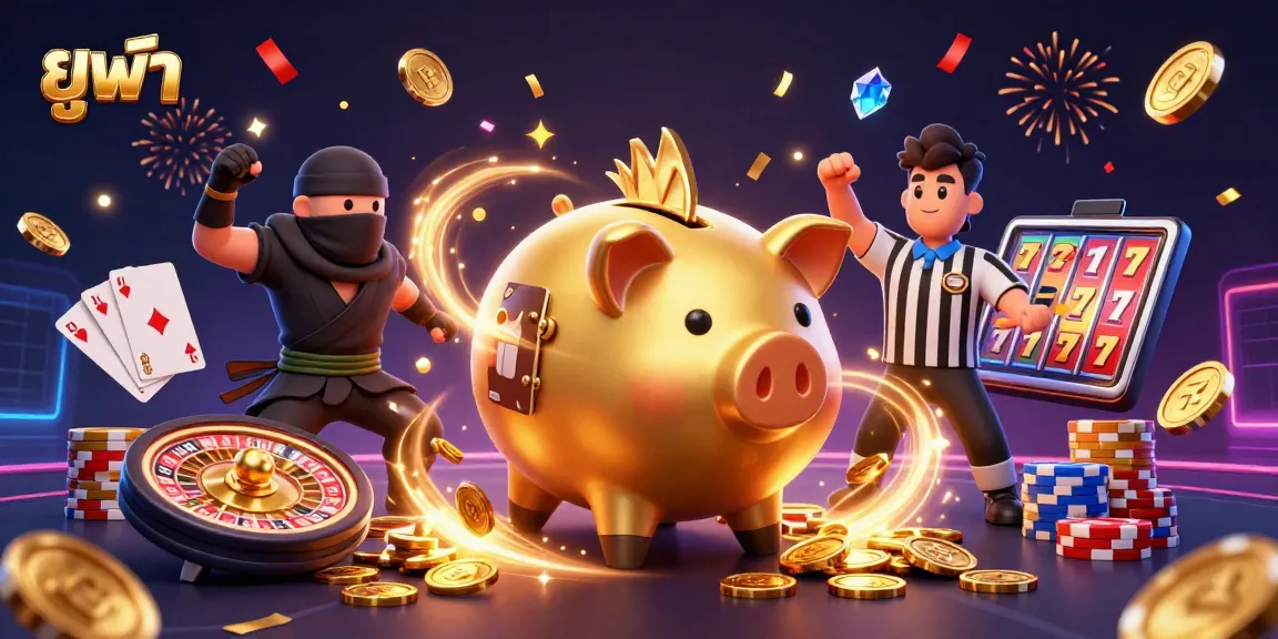 Experience the excitement of ยูฟ่า as a piggy bank sumo wrestler shakes coins in a vibrant casino scene.