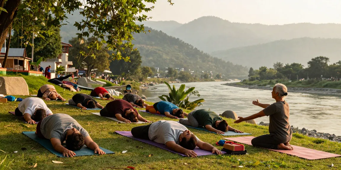Yoga teacher training in Rishikesh with diverse students practicing poses by the Ganges River.