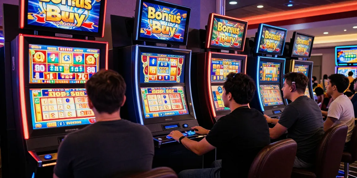 Players enjoying bonus buy slots in a lively casino environment with colorful slot machines.