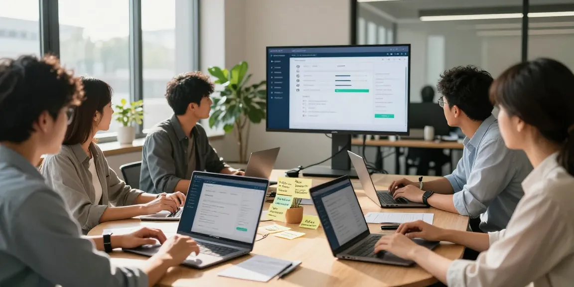 Team collaborating on an age verification system in a modern tech office, showcasing software interface and compliance strategies.