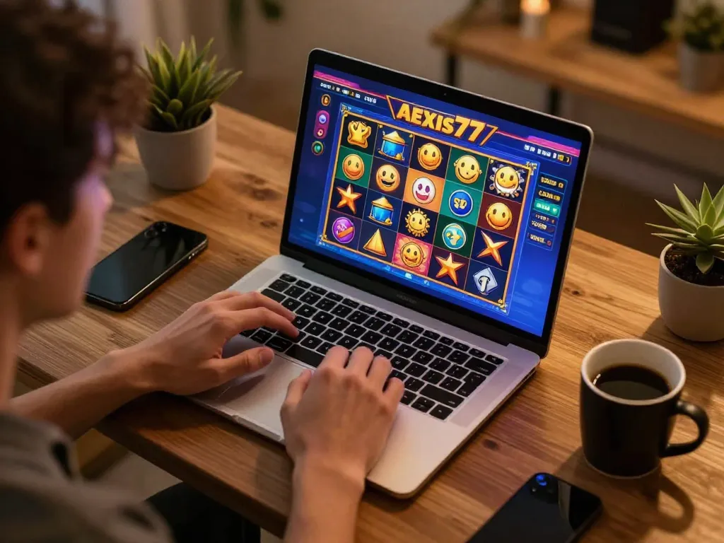 Engaging session playing the alexis77 slot on a laptop at home, showcasing vibrant graphics.