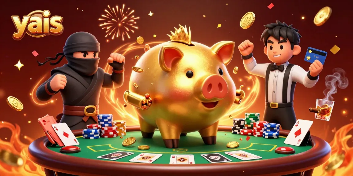 yais' lively casino scene with a piggy bank sumo wrestler amid poker chips and gold coins