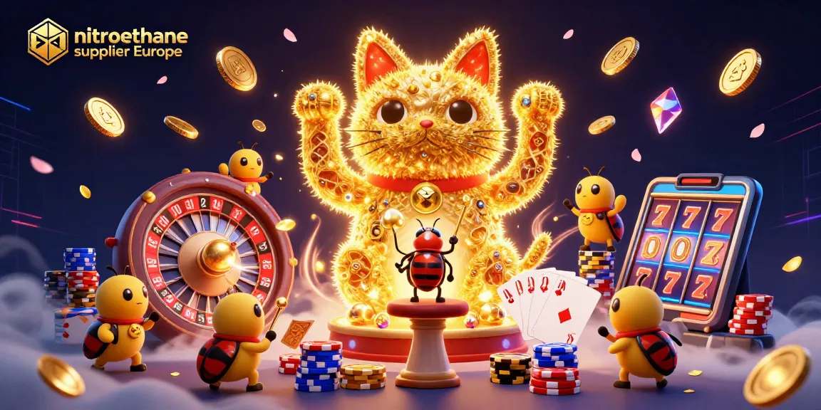 Engaging illustration of nitroethane supplier Europe represented by a lucky cat among casino symbols.