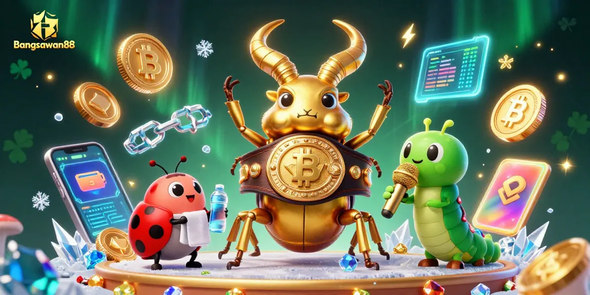 Bangsawan88 features a vibrant 3D illustration of a boxing beetle amidst glowing crypto elements.