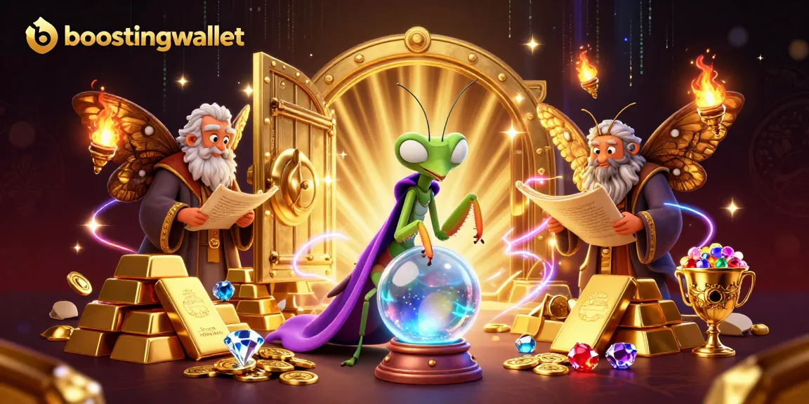 Boostingwallet reveals fortune with a praying mantis fortune teller in a magical casino scene.