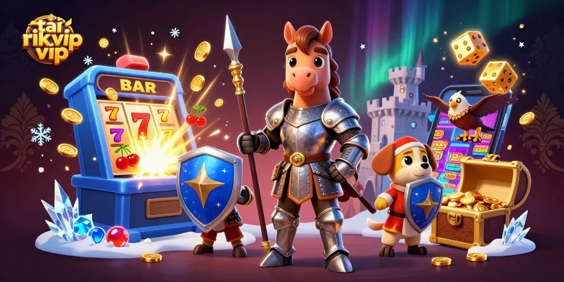 Engage in exhilarating gameplay with tải rik vip illustrated by a joyous medieval knight, a squire, and a falcon amidst casino symbols.