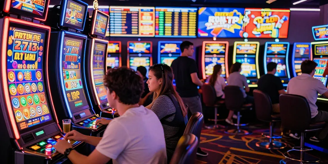 Slot 777 machines in a lively casino gaming area filled with excited players and vibrant lights.