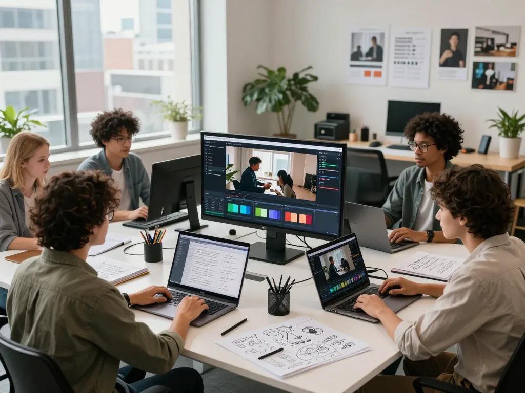 Innovative Seedance 2.0 workspace with diverse team collaborating on AI video production, showcasing advanced technology.