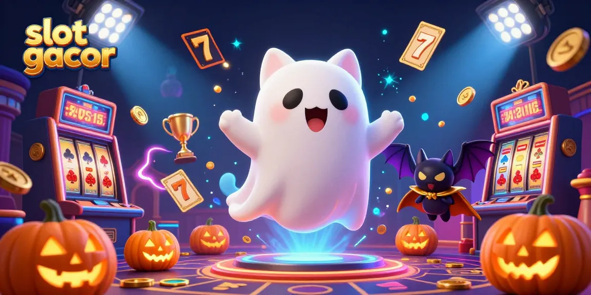 Experience slot gacor action with a ghost cat and bat in a vibrant casino scene.