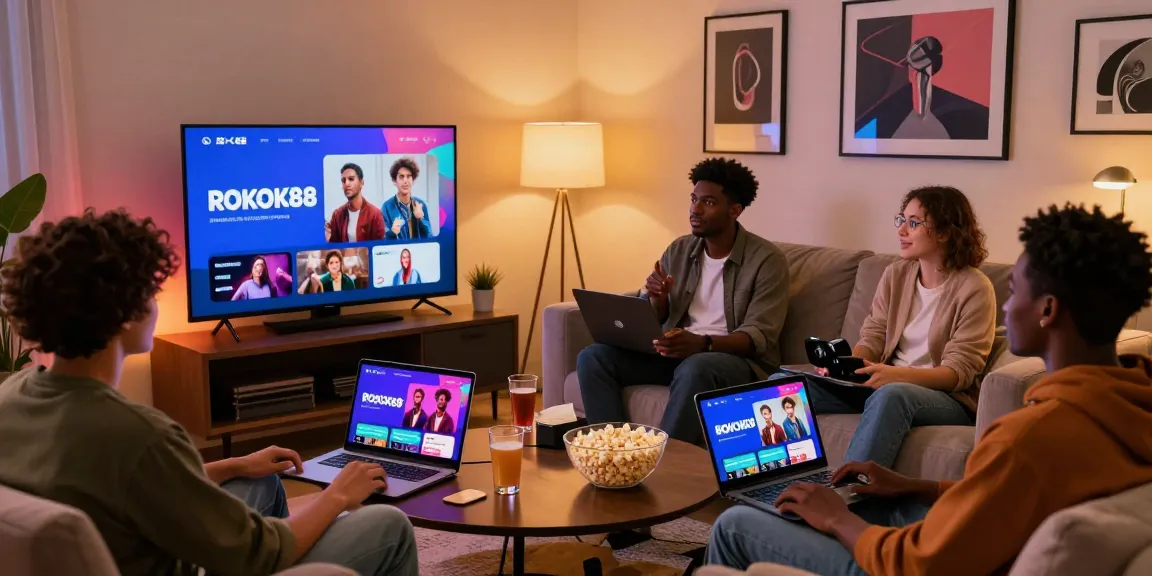 Friends enjoying rokok88 episodes in a modern living room setting.