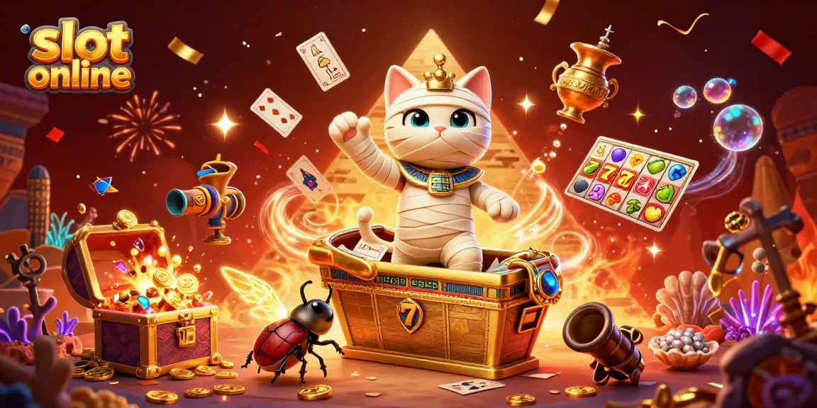 Menangkan slot online terbaik dengan kucing mummy yang keluar dari sarkofagus di kasino piramida, penuh simbol buah dan jackpot.