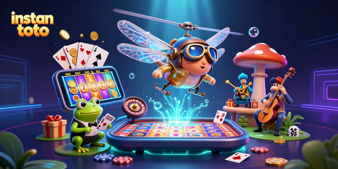 Instan toto, permainan kasino dengan croupier kodok dan pilot helikopter, dinamis dalam cahaya neon.