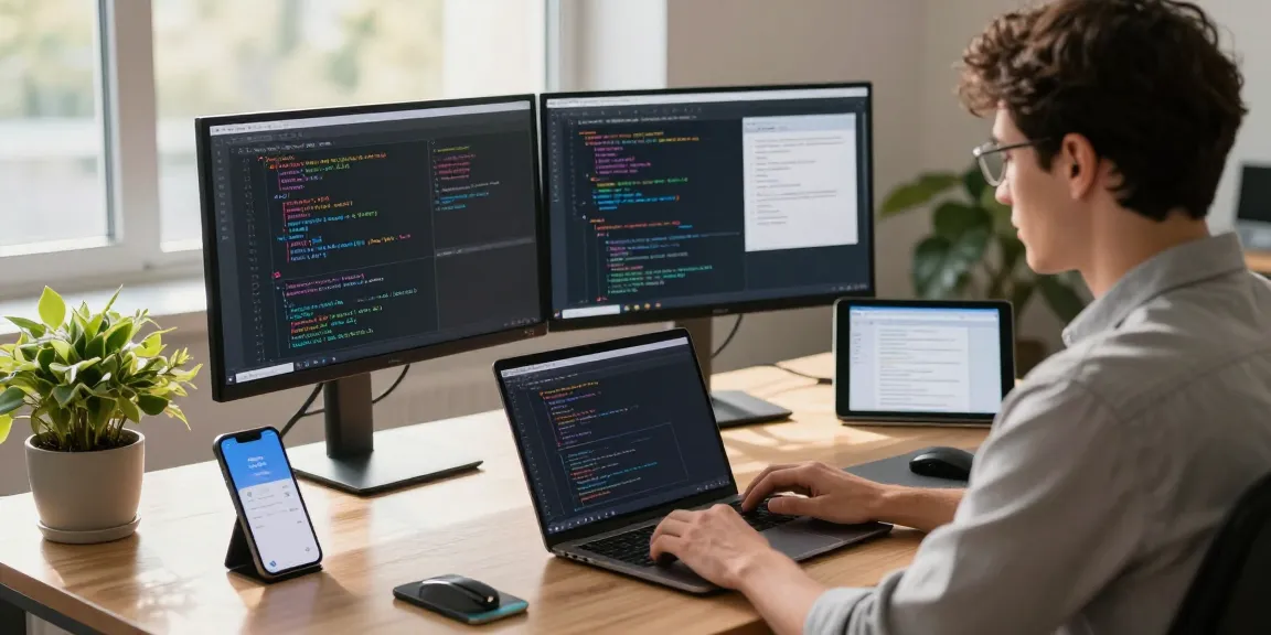 Build Android apps from scratch in a modern workspace with dual monitors and coding setup.