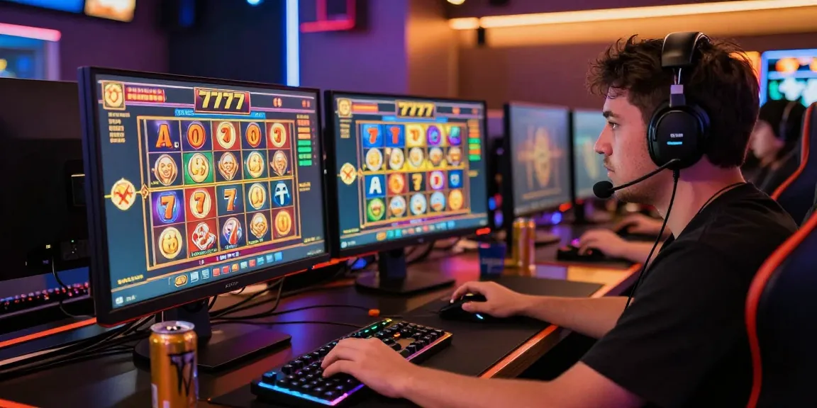 Engaged player focused on slot 777 gaming, showcasing excitement in a colorful online casino atmosphere.