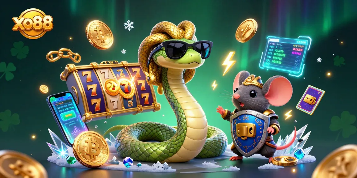 Spin the reels at xo88 with a lively Medusa and a warrior mouse amidst glowing crypto coins.