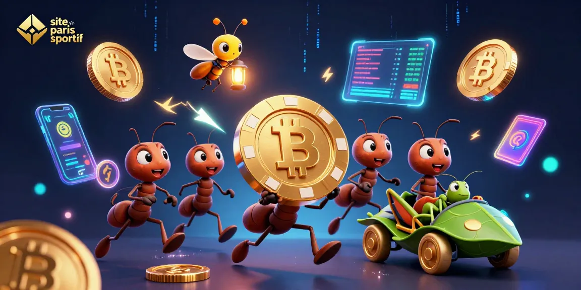 Les fourmis transportent une puce de poker géante sur un site de paris sportif, illuminé par des éléments de cryptomonnaies.